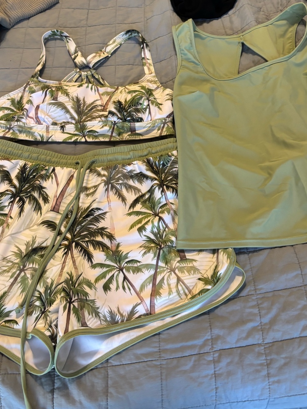 Palm Tree Print Swim Set with Sage Tank